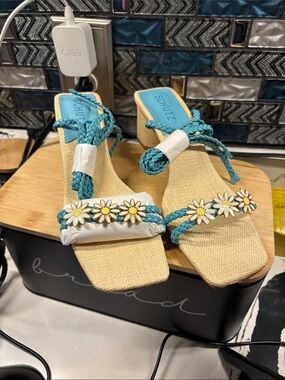 SCHUTZ Turquoise Braided Daisy Mid Block Heel Sandals with Yellow Centers